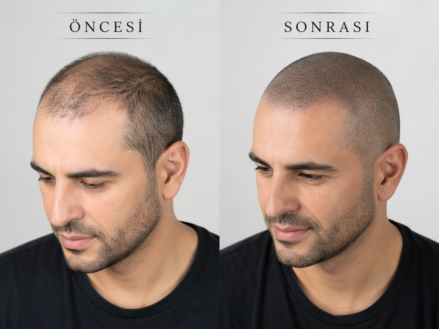 Tepe bölgesi saç simülasyonu örneği Kafa derisi mikropigmentasyonu öncesi sonrası tepe bölgesi saç simülasyonu örneği