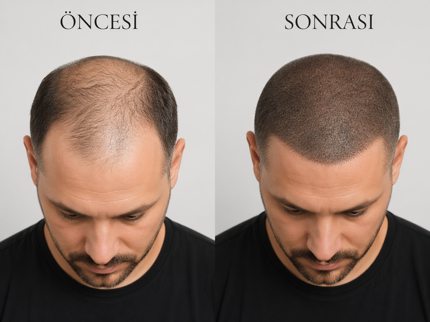 Doğal saç simülasyonu ve saç gölgelendirme Doğal saç simülasyonu öncesi sonrası saç gölgelendirme ve saç çizgisi tasarımı örneği